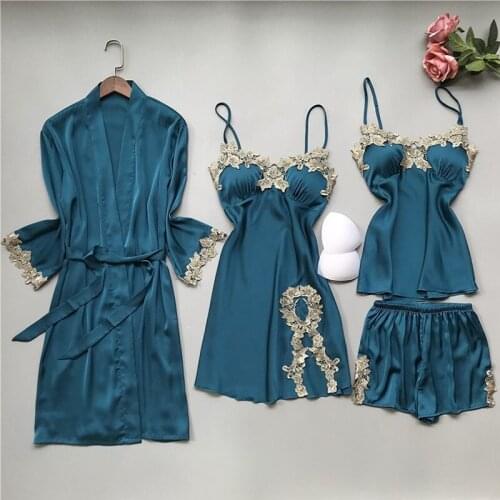 FZSLCYIYI Sexy Satin Silk Homewear Sleep Lounge With Chest Pads Nightwear 4/3/2/1Pcs Applique Pajamas Sleepwear