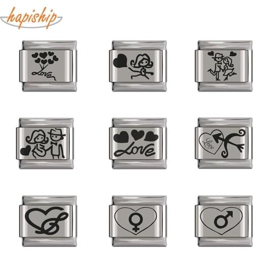 Hapiship Original Daisy Fashion Loving Couple Heart Italian Charm Links Fit 9mm Bracelet Stainless Steel Jewelry Making DJTop25