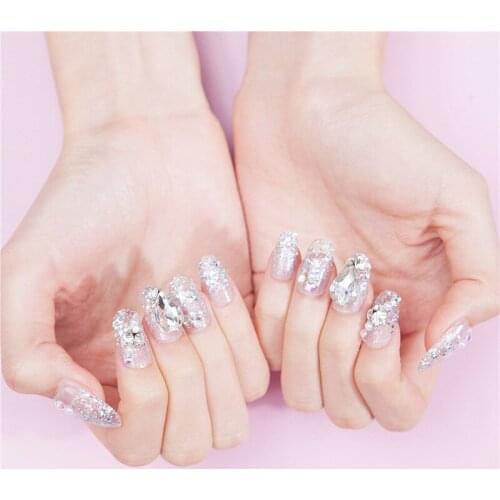 24pcs Round Head Artificial Waterscape False Nails Silver Glitter Powder Nail Patch Decoration Transparent Wedding Manicure