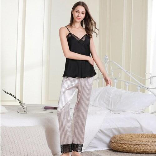 JULYS SONG 2 Pieces Woman Pajamas Sling Stain Long Pants Silk Sexy Sleepwear Set Women Pink Top Strap Sling Summer Pyjama