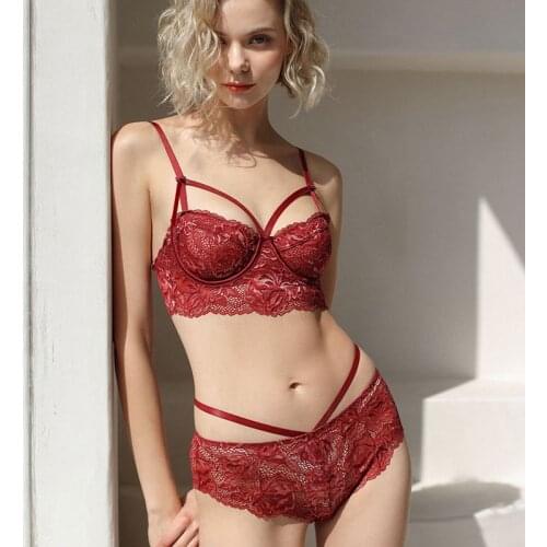 Ultrathin Lace Hollow Out Embroidery Bra and Panties Set Underwear with Push Up Women French Lingerie B C D Cup