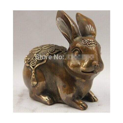 Copper Brass CHINESE crafts decor ation Asian Chinese Folk Bronze Copper Lucky Wealth FengShui Zodiac Rabbit Sculpture