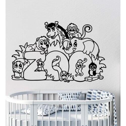 Cartoon Zoo Giraffe Animal Wall Sticker Kids Room Wildlife Jungle Forest Bird Monkey Elephant Wall Decal Bedroom Vinyl Decor