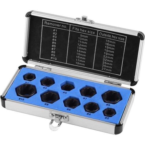 10PCS/Lot Damaged Bolt Nut Screw Remover Extractor Removal Set Threading Tools Kit for 9mm to 19mm Head Nuts Extractor Set