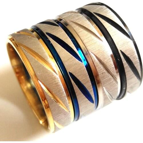 Wholesale 50pcs Blue/Black/Silver/Gold TOP MIX Men Women Step Oblique Cutting Stainless Steel Rings 6MM Band Colorful Band Ring