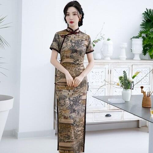 Slim Short Sleeve Sexy Cheongsam Summer New Print Flower Qipao Satin Chinese Prom Dress Gown Short Sleeve Oversize 3xl Vestidos