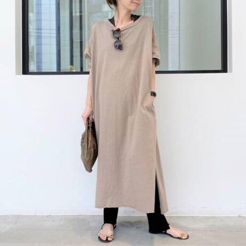 Dress 2021 New Style Khaki Short Sleeve Mid Length Slit Ladies Fashion Pullover H Line Casual Mid Waist T-shirt Dress