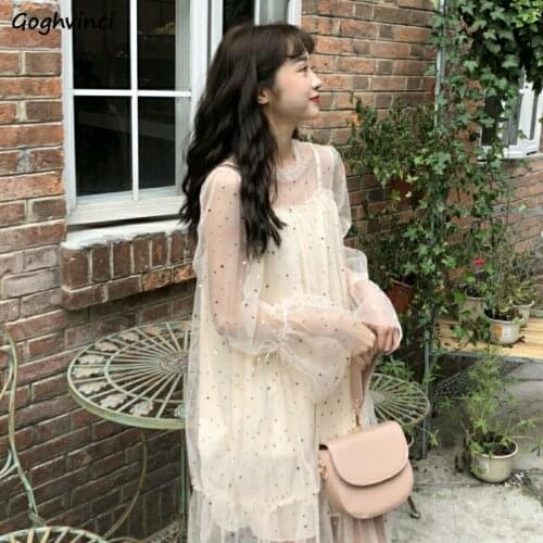 Long Sleeve Dress Womens Solid Mesh Loose Simple Butterfly Sequins Sweet Bow Elegant Chic Student Korean Style Lady Hot Sale New