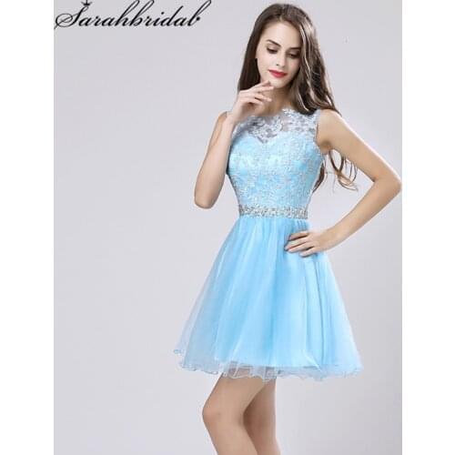 Sexy Pink Sheer Neckline Short Homecoming Dresses Crystal Lace A Line Formal Party Gowns New Real Pictures Rode De Soiree SD361