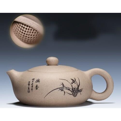 On sales marked yixing zisha tea pot chahu flat xishi pots real purple clay original ore kungfu tea pot ball-infuser holes new