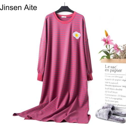Jinsen Aite 2019 Cotton Striped Long Sleeve Large Size Home Dress Pregnant Sleepwear Casual Women Nightgowns Sleepshirts JS752