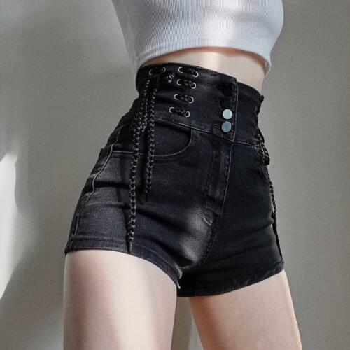 WOMENGAGA 2021 Summer New High Elastic Waist Bandage Denim Shorts Women Pockets Three Button Fly Short Jeans PXG6