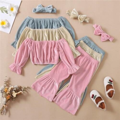 1-5 Years Girls Casual 3cpcs Clothes Set Solid Color Boat Neck Pullover Headdress And Flared Pants Blue Pink Apricot Girls Set