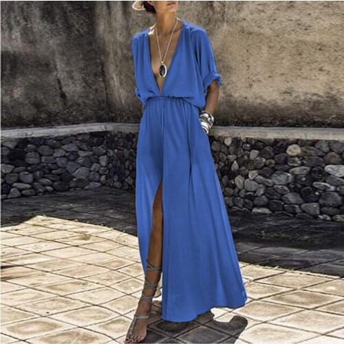Women Long Dress Sexy Deep V-neck Solid Color Short Sleeve Pocket Female Slit Dress Ankle-length Evening Party Mujer Vestido