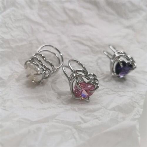 AOMU Korean Romantic Pink Purple Crystal Metal Heart Ring Irregular Geometry Double Layer Cut Surface Rings for Women Party