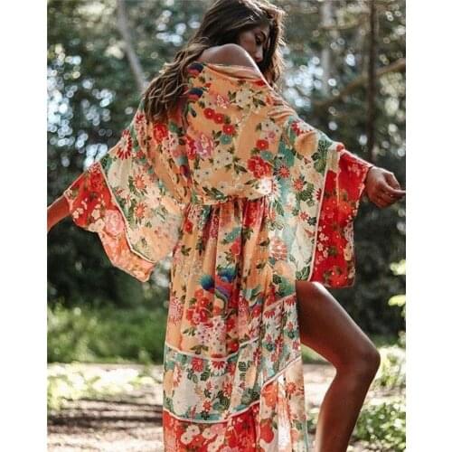 AYUALIN red Chiffon floral print long women dress boho Beach Cover up Robe cover ups Mujer Bikini Beachwear Tunic kaftan dresses