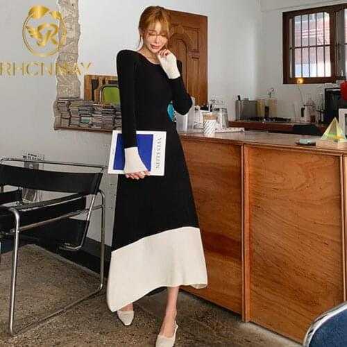 New Autumn Winter Long Dress Women Knitted Long Sleeve Streetwear Party Dress Casual A-line Vestidos Maxi Dress Vintage
