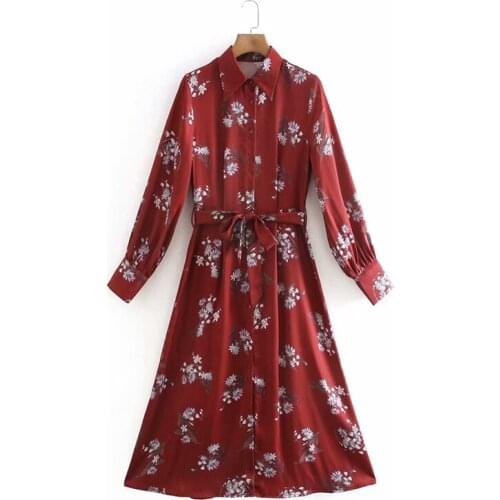 Za Women FASHION 2021 Long Sleeve Long Dress Floral Print Red Dress Vintage Vestido Mujer Chic Elegant Dress