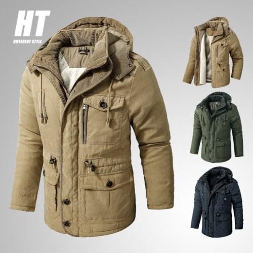Winter Men Hooded Parkas Jacket Mid-length Fleece Thick Cotton-padded Jackets Men Multi-pocket Casual Overcoat Fur Linner Coats