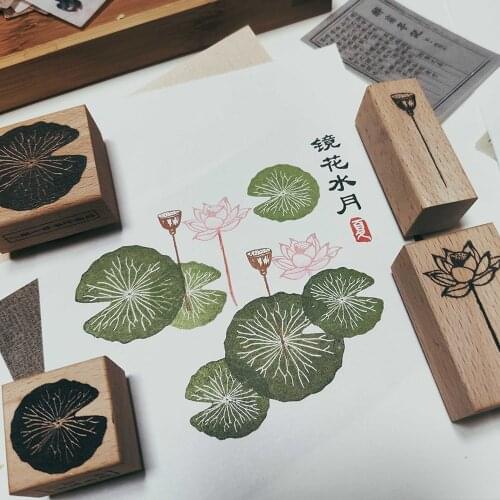Archaic Lotus Leaf Fisherman Boat Design Handmade Hand Account Stamp DIY Solid Wood Decoration Stamps For Card Letter Notebook