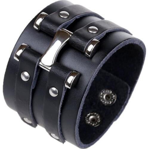 Unique Newest Design Punk Cuff Bangle Fashion Vintage Retro Black Genuine Wide Leather Men Bracelets Women Jewelry Accessories