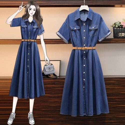 EHQAXIN Summer Autumn Long Denim Dress Short Sleeve Cardigan Women Pocket Buttons Loose Plus Size Dresses 2021 With Belt L-4XL
