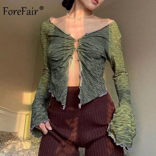 Forefair 2021 Ruffles Green T Shirts Y2K Fairy Grunge V Neck Flare Sleeve Ruched Slit Crop Tops Sexy Tee Vintage Streetwear