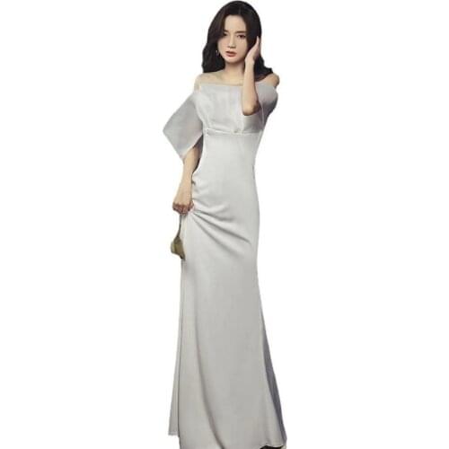 French Light Wedding Dress Hepburn Pearl Bubble Sleeve Dress Satin Fishtail Temperament Show Thin Brigade Wedding Dress
