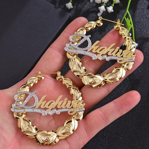 HIYONG XOXO Custom Earrings Sexy Bamboo Hoop Earrings Personalized Name Earrings Hiphop Two Tone Customized Jewelry for Women
