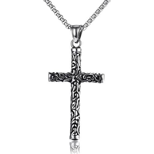 HNSP Vintage Carved Pattern Cross Necklace Pendant For Men