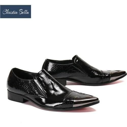Christia Bella Italian Handmade Men Real Leather Shoes Metal Pointed Toe Business Shoes Male Wedding Party Formal Dress Shoes