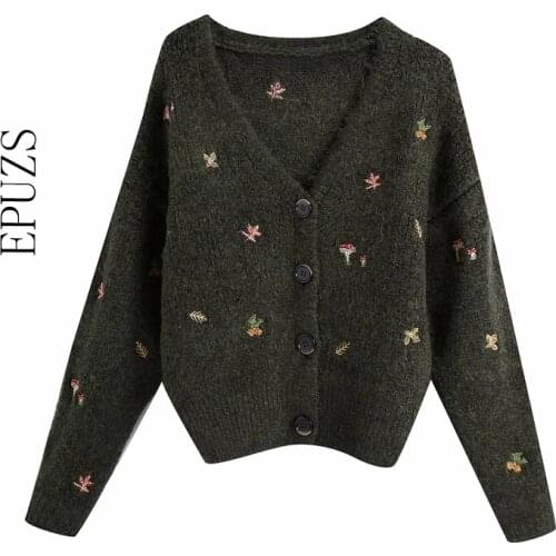Za women Vintage knit cardigan women embroidery Long sleeves V-neck sweater Cardigan Female Elegant cardigan