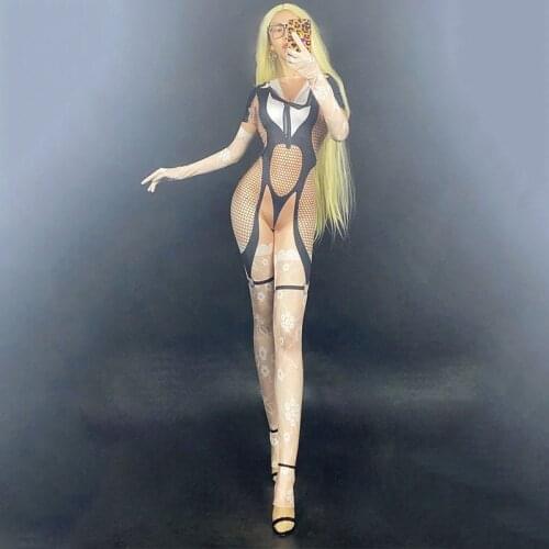 Necktie Pattern Short Sleeves Jumpsuit Gloves MenS Muscle Print Bar Singer Outfit Prom Women Men Dancer Stage Show Wear DT2965