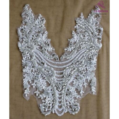 La Belleza Pure white handmade beaded beautiful large piece handmade pearls Rhinestone patch wedding dress applique accessories