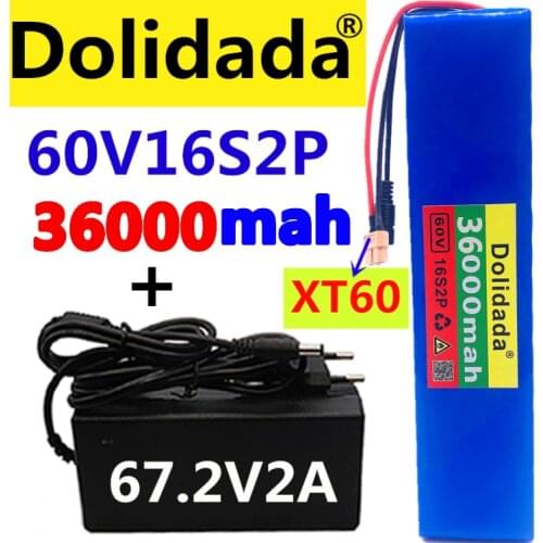 60V 16S2P 36Ah 18650 Li-ion Battery Pack 67.2V 36000mAh Ebike Electric bicycle Scooter with BMS 1000Watt xt60 plug + charger