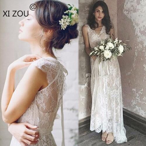 Wholesale Lace Rustic Wedding Dress Cap Sleeves Keyhole Back Bridal Gowns