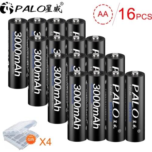 PALO 16Pcs 3000mAh 1.2V NI-MH AA 2A Rechargeable Battery Batteries for Remote Control Toy cameras With 4pcs Battery Case