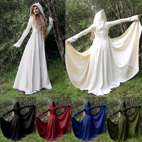 Medieval Vintage Solid Celtic Maxi Gown Hooded Cloak For Women Cosplay Witch fairy Slim Viking Robe Capes Costume For Lady S-5XL