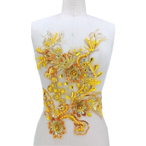 Sew on bead rhinestones golden lace applique crystals trim patches 42*28cm for dress DIY accessories
