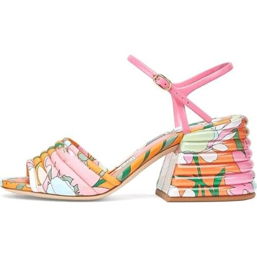 Mixed Colors Flower Women Party Sandals Runway Pleated Print Floral Woman Sandals Square Heel Ankle Strap Female High Heels 2020