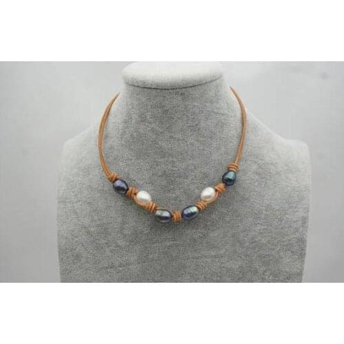 Handmade Leather Pearl Jewellery Big Rice Pearl Two String Leather Choker White Black Pearl Leather Neccklace Gift For Ladys