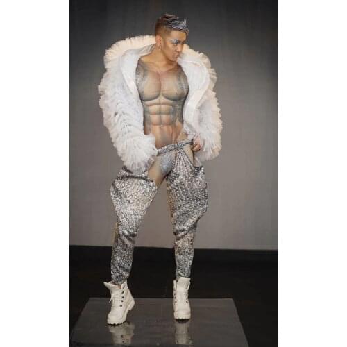 Sexy model costume catwal men stage show dance jumpsuit white coat