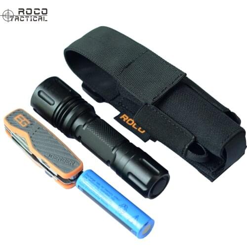 ROCOTACTICAL Universal Army Flashlight Holder Pouch With 2 Side Battery Pockets Military Army Tactical Waist Pack Tool Pouch