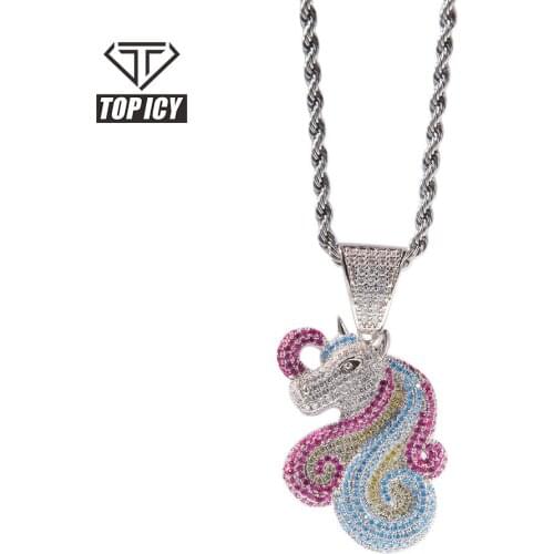 Top Icy Colorful Cubic Zircon hip hop Unicorn cartoon cute animal pendant necklace rapper jewelry for girls boys