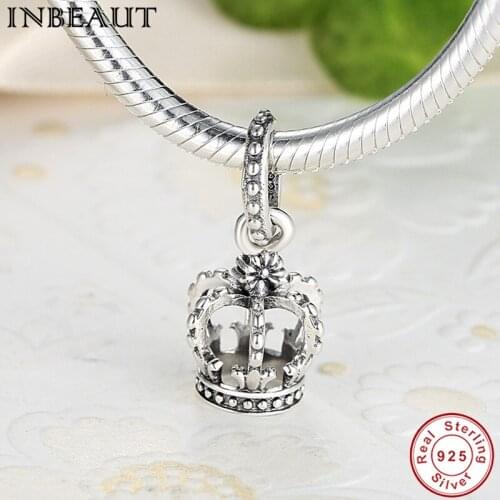 Vintage Crown Charm Beads fit Europe Bracelet Real 925 Sterling Silver King Hollow Crown Pendant for Women Trendy Necklace