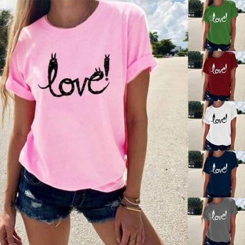 New Fashion Ladies Summer Cartoon Letter LOVE Pattern Female Print T-Shirt Solid Color Round Neck Short Sleeve Womens Clothing