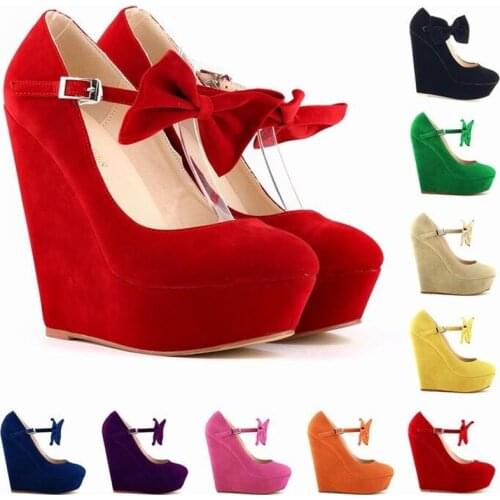 Women pumps 14CM Wedges flock high heels women shoes bowknot Pointed Toe valentine Wedding Dress Shoes