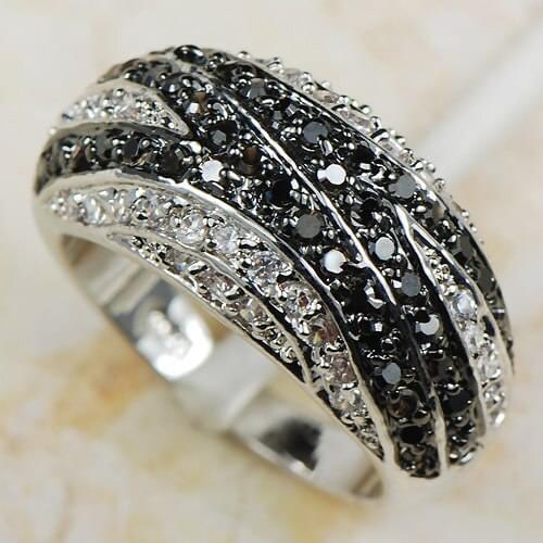 White Black Crystal Zircon Women 925 Sterling Silver Ring R593 Size 6 7 8 9 10 11 12