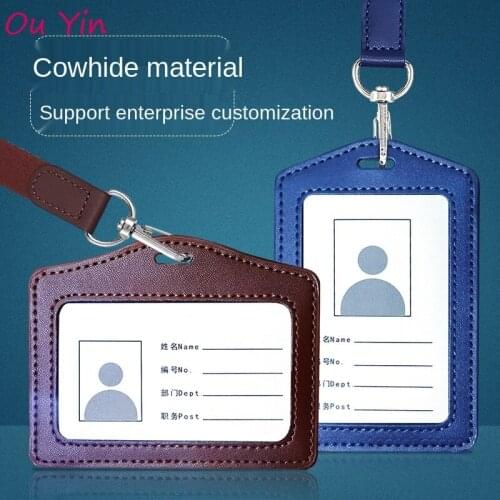 2021 High Quality Cowhide Working Business Card Holder Business Card ID Badge Lanyard Clip Hot Vertical ID Business Card Case