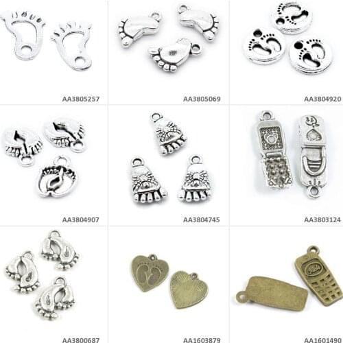 Antique Bronze Silver Plated Jewelry Making Charms Phone Cellphone Footprint Love Heart Mun Dad Child Footmark Crab Foot Feet